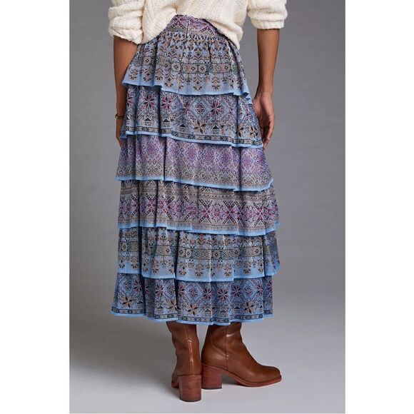 NEW Anthropologie Cecilia Prado Blue Tiered Abstract Pull-On Maxi Skirt Medium - Picture 2 of 4